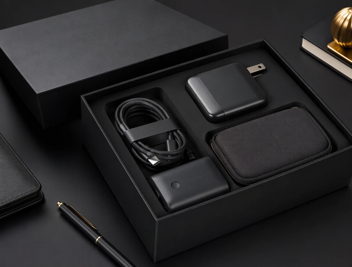 AI concept image of business travel charging kit in a premium black gift box