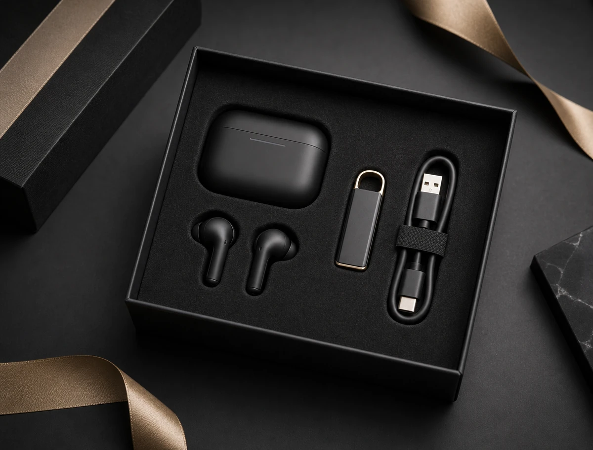 AI concept image of custom earbuds and USB gift set in a black fitted box