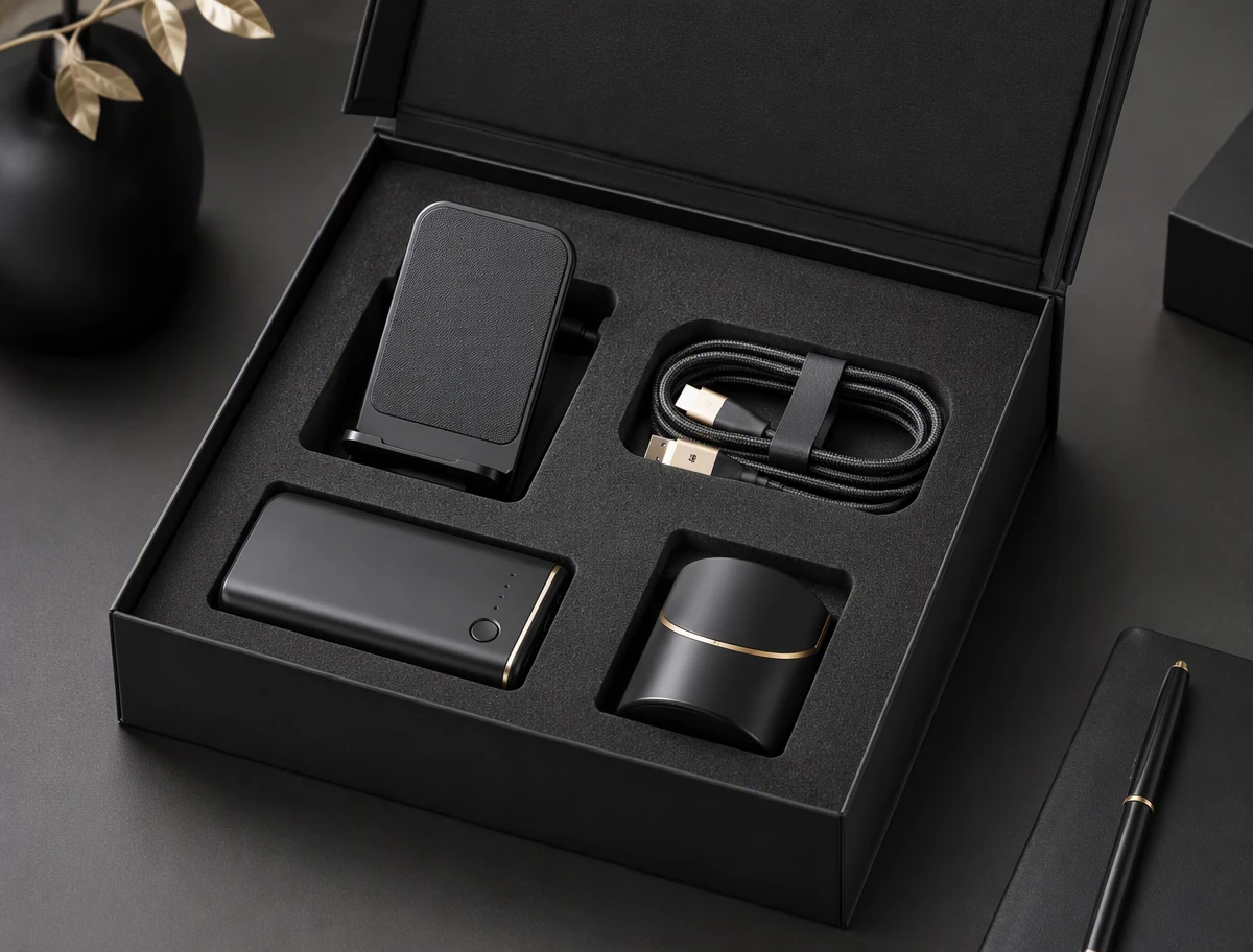 AI concept image of employee welcome technology kit in a black gift box