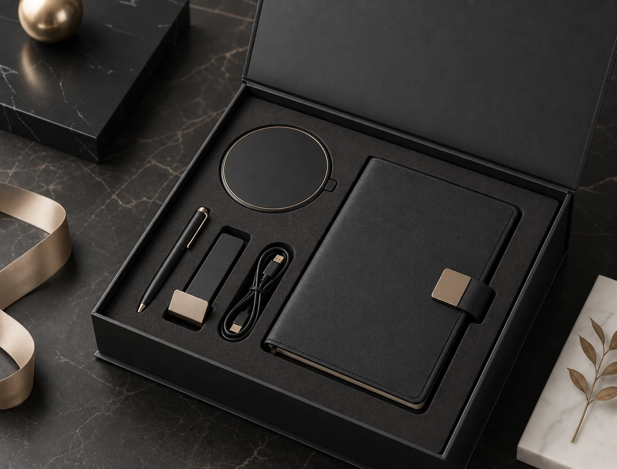 AI concept image of a premium black corporate technology gift box with fitted insert