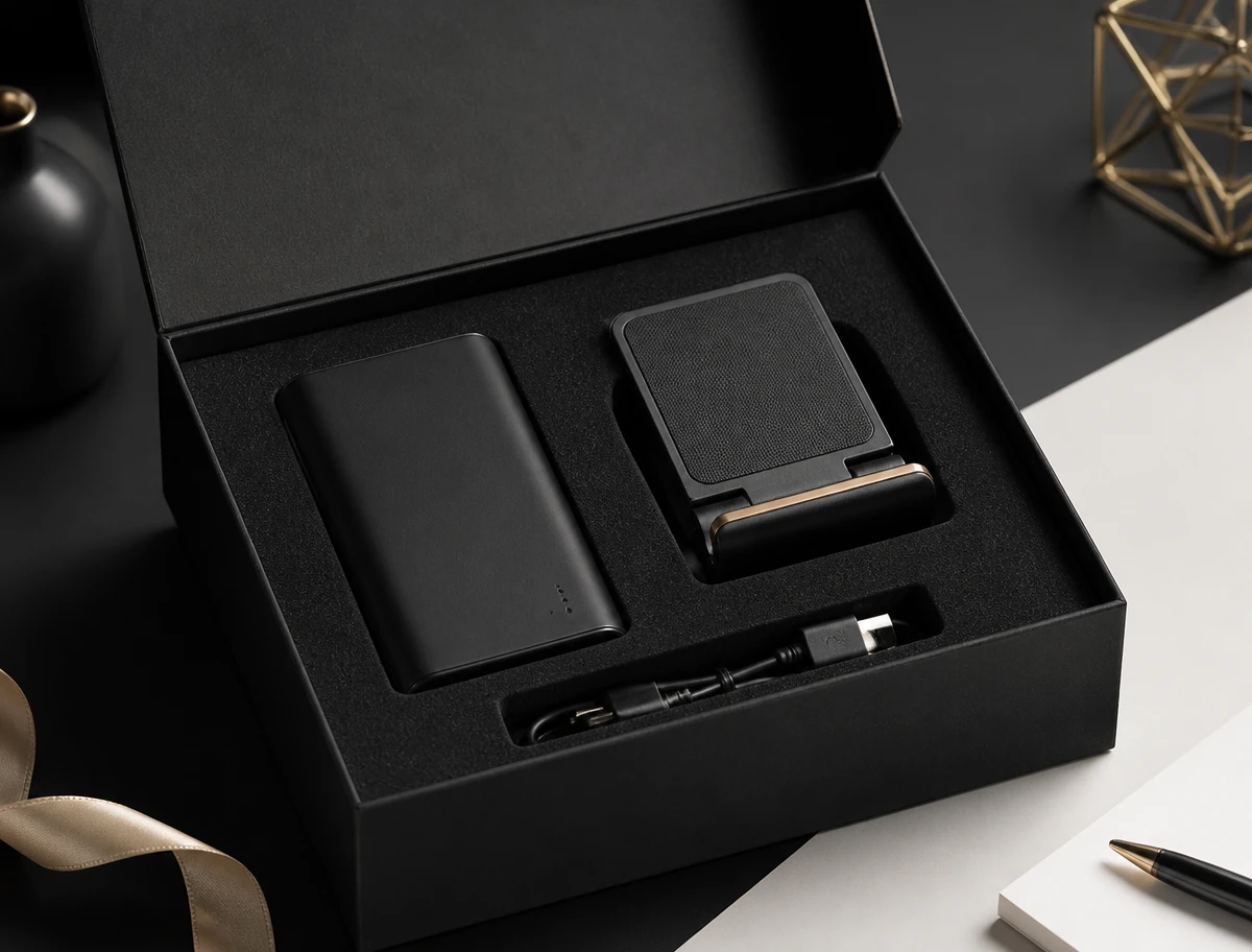 AI concept image of power bank and phone stand gift set in a fitted box