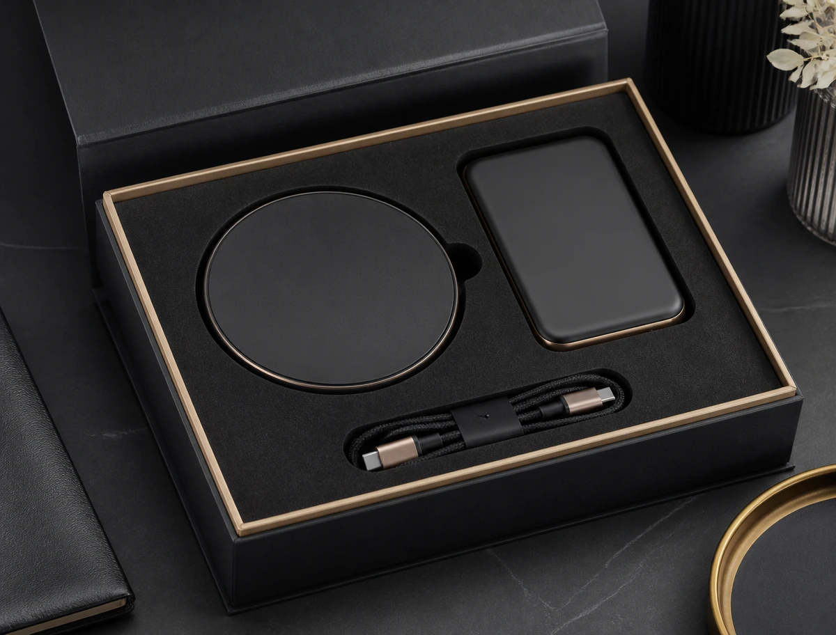 AI concept image of wireless charging gift set in a black presentation box