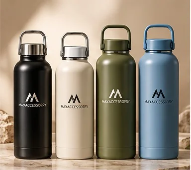 Branded insulated water bottles with carry handle lids in black, cream, green and blue