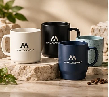 Custom ceramic mugs in white, black, navy and speckled blue