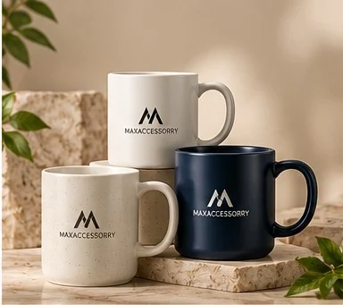 Custom coffee mugs in cream speckle and navy with printed logo