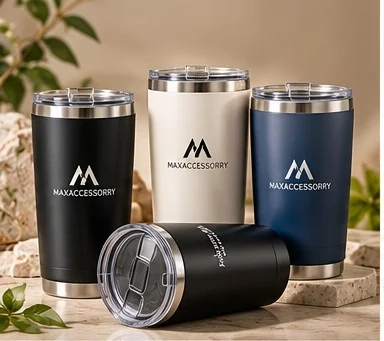 Custom stainless steel tumblers with clear lids in black, cream and navy with MAXACCESSORRY logo