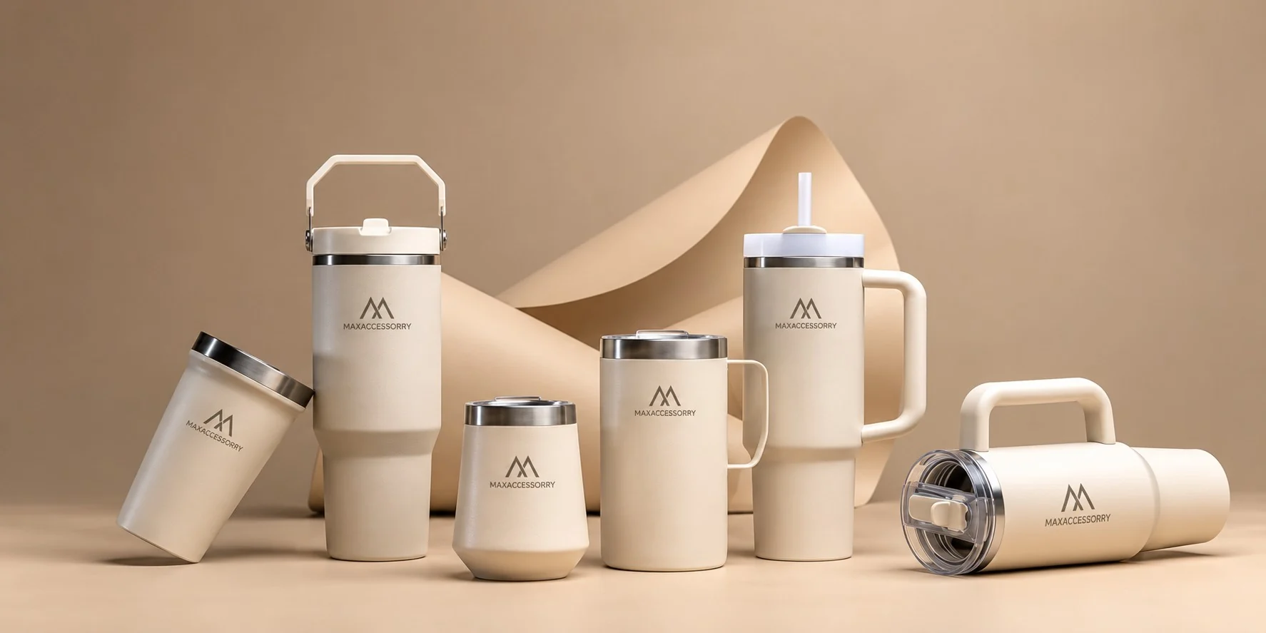MAXACCESSORRY branded drinkware collection: tumblers, travel mugs, straw tumbler and insulated bottles in cream finish