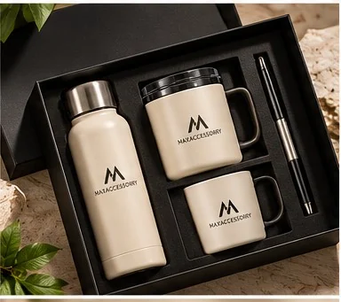Drinkware gift set in black box with insulated bottle, two mugs and pen
