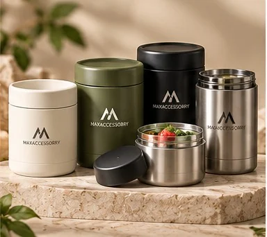 Insulated food jars in cream, green, black and stainless steel