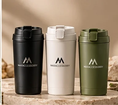 Insulated travel mugs with flip lids in black, white and green