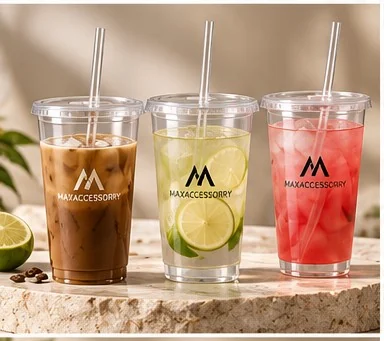 Clear reusable cold cups with lids and straws with printed logo