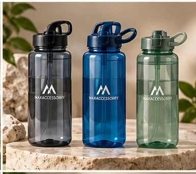 Transparent sports bottles with flip lids in grey, blue and green