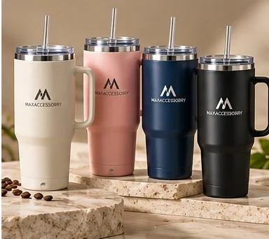 Large tumblers with handle and straw in cream, pink, navy and black